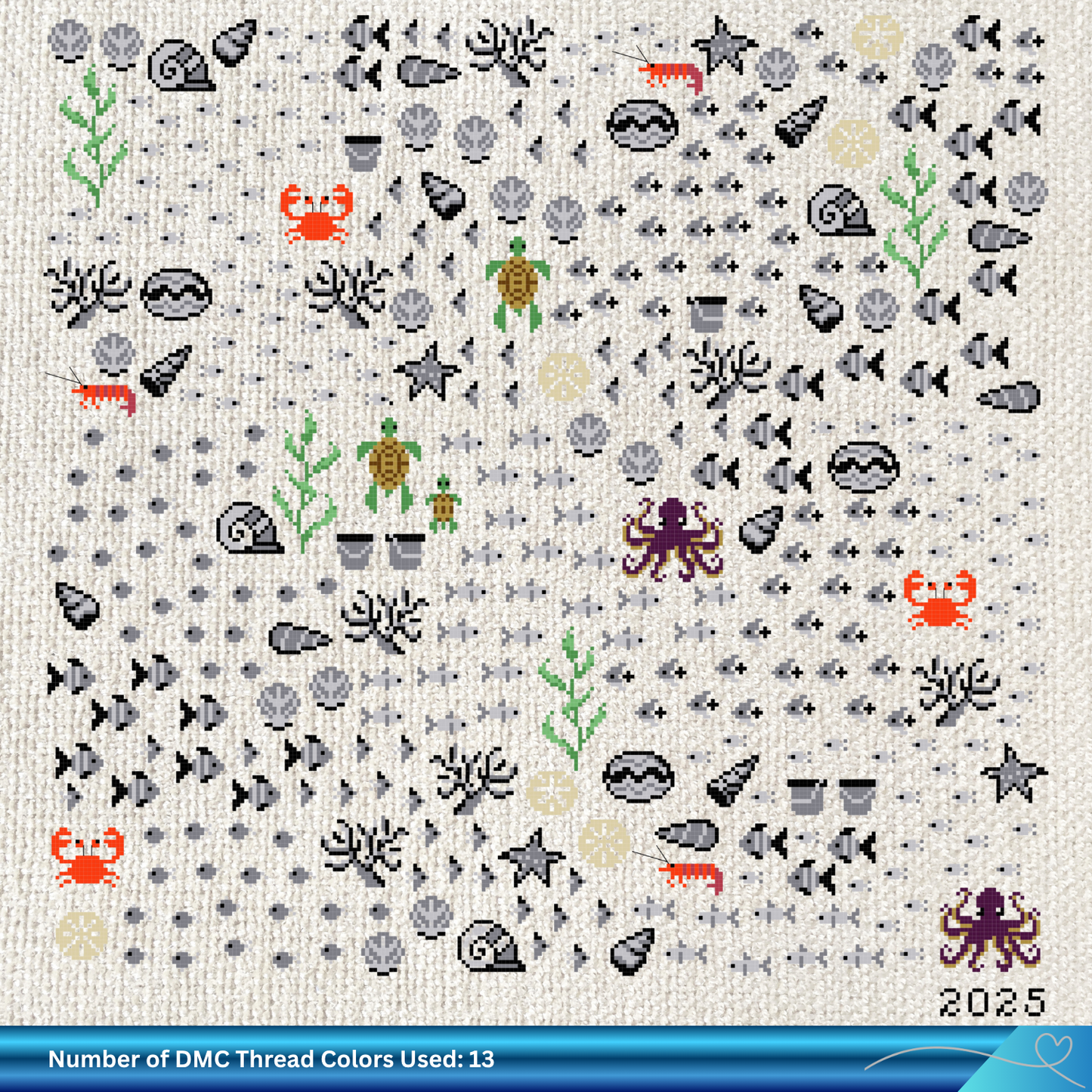 Cross-stitch pattern with sea-themed characters and elements on a white Aida background.