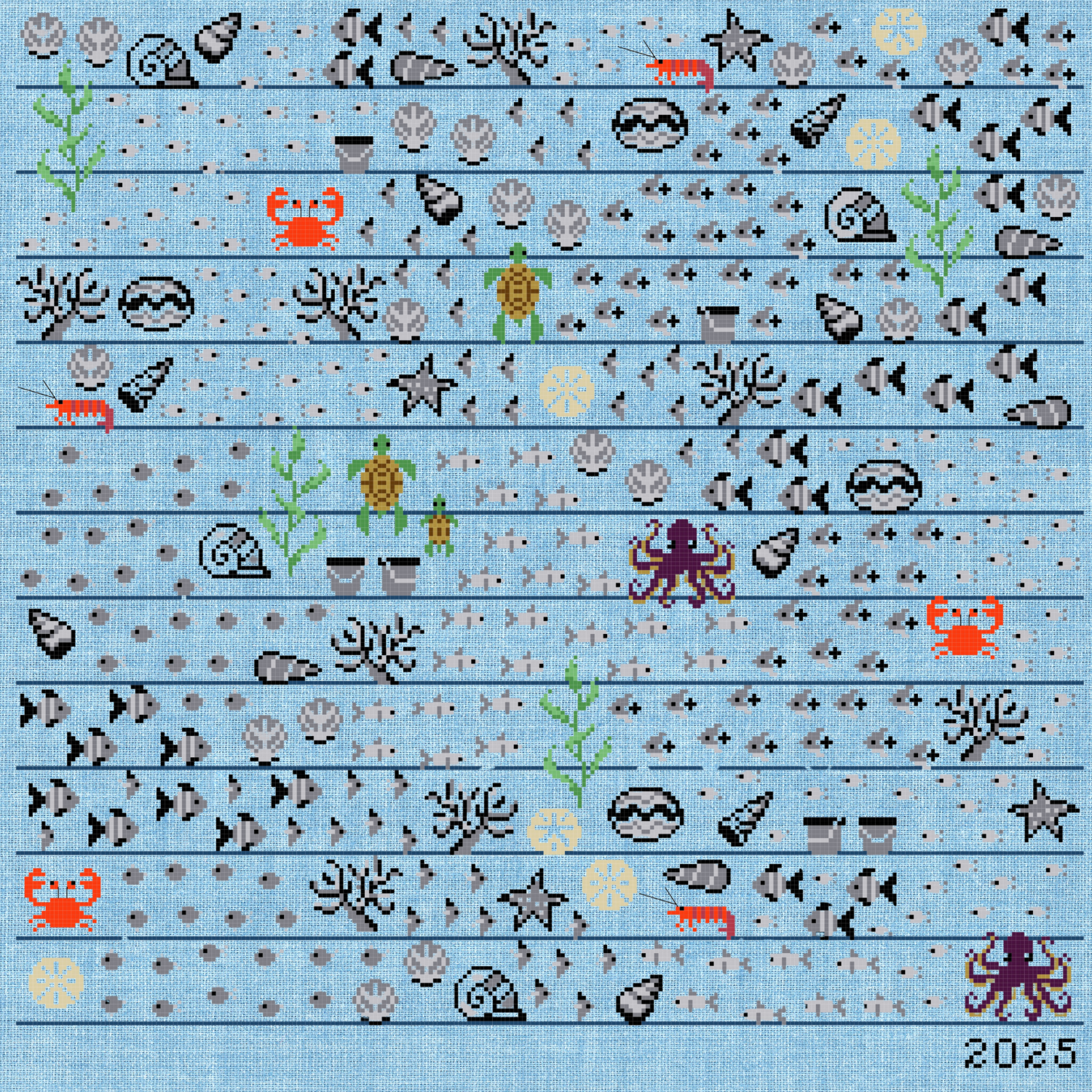 Cross-stitched pattern of sea creatures and colorful fish on a blue Aida background