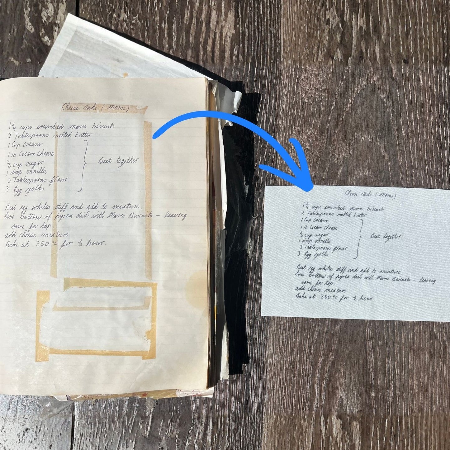 Recipe book transferred to a stick and stitch pattern against a wooden surface