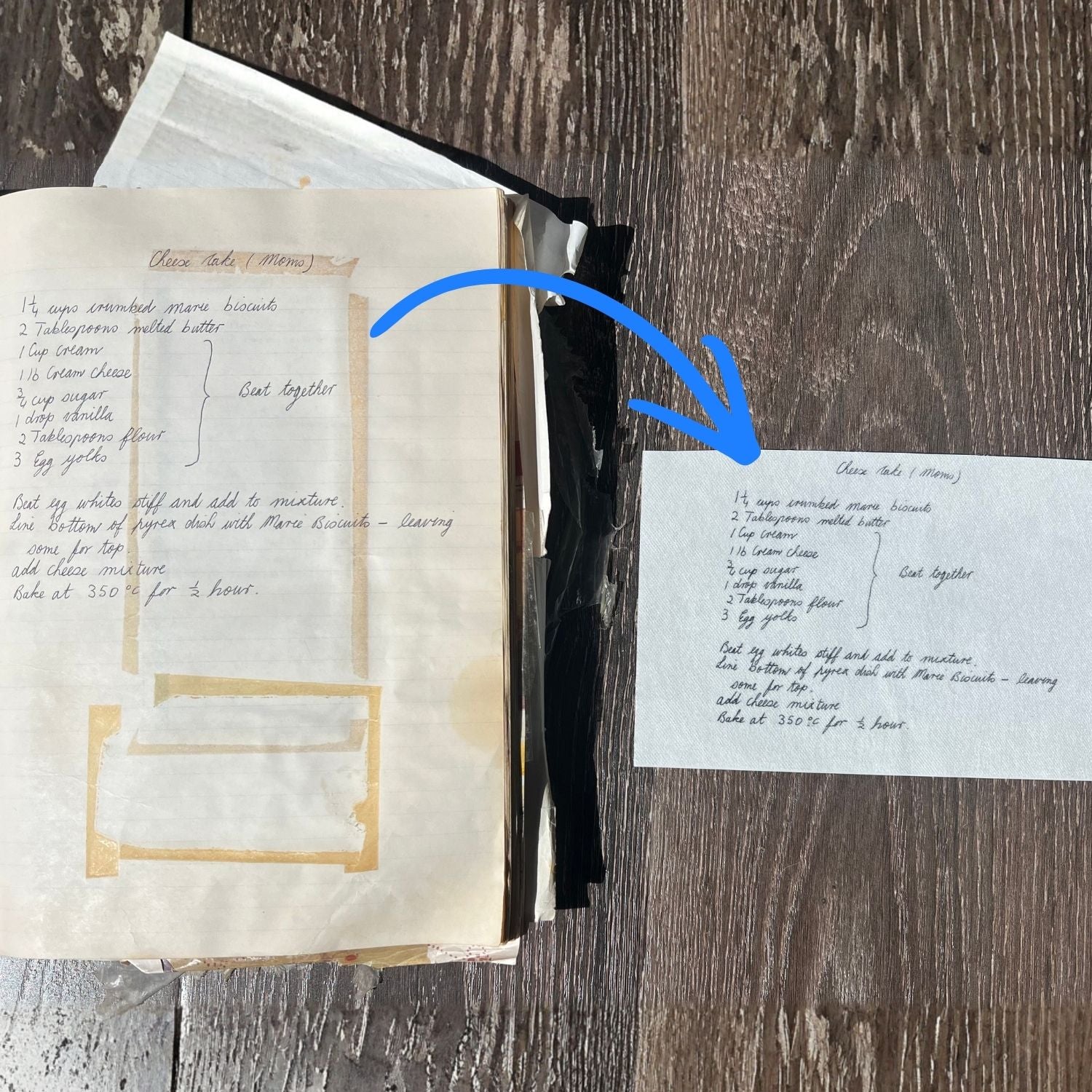 Recipe book transferred to a stick and stitch pattern against a wooden surface