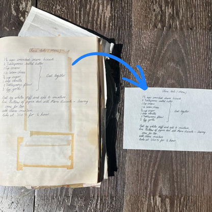 Recipe book transferred to a stick and stitch pattern against a wooden surface