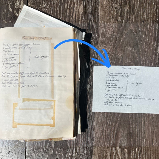 Recipe book transferred to a stick and stitch pattern against a wooden surface