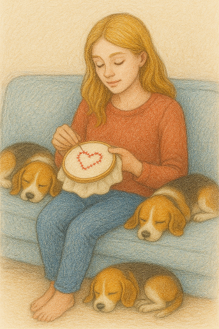Illustration of a girl sitting on a couch with three dogs, making a heart design in an embroidery hoop.