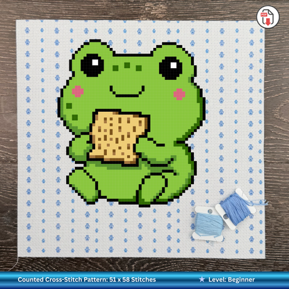 Moishe the Matzah Munching Frog – Digital Cross Stitch Pattern for Passover Fun