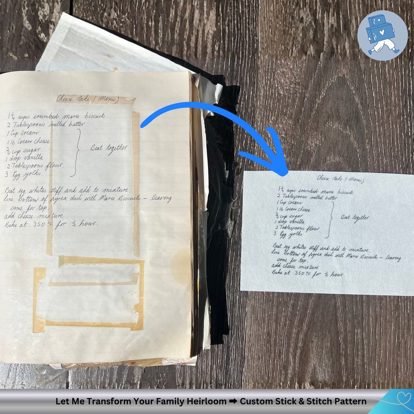 Open book with handwritten recipe on a wooden surface, with a blue arrow pointing to a printed version of the recipe.
