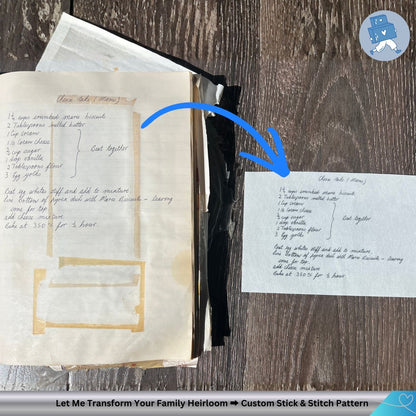 Open book with handwritten recipe on a wooden surface, with a blue arrow pointing to a printed version of the recipe.
