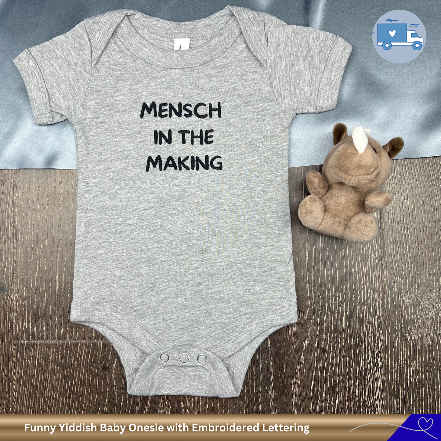Embroidered Yiddish Baby One Piece "Mensch in the Making"