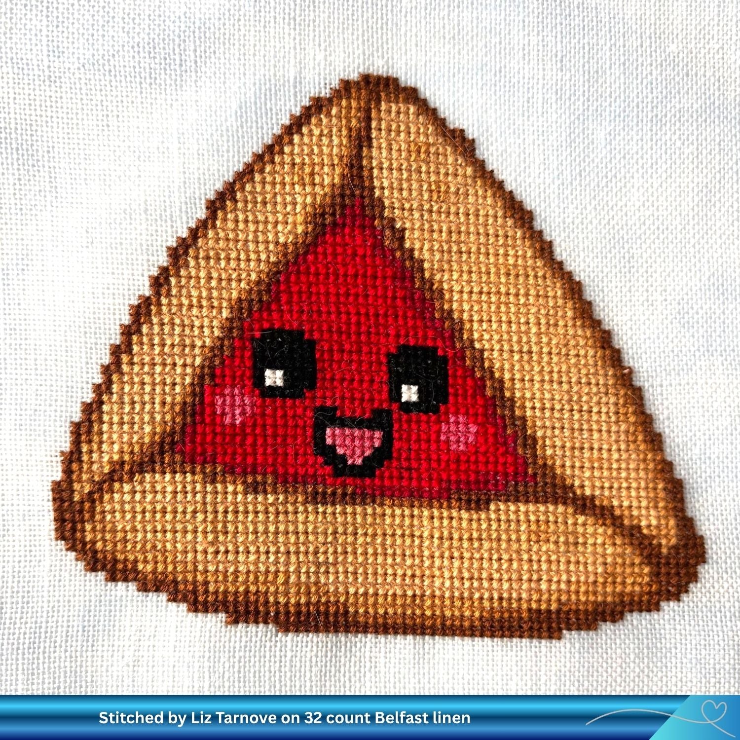 Cross-stitched design of a smiling raspberry hamantaschen character on a white linen background.