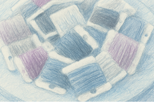 Colored pencil drawing of a collection of embroidery thread wrapped around bobbins