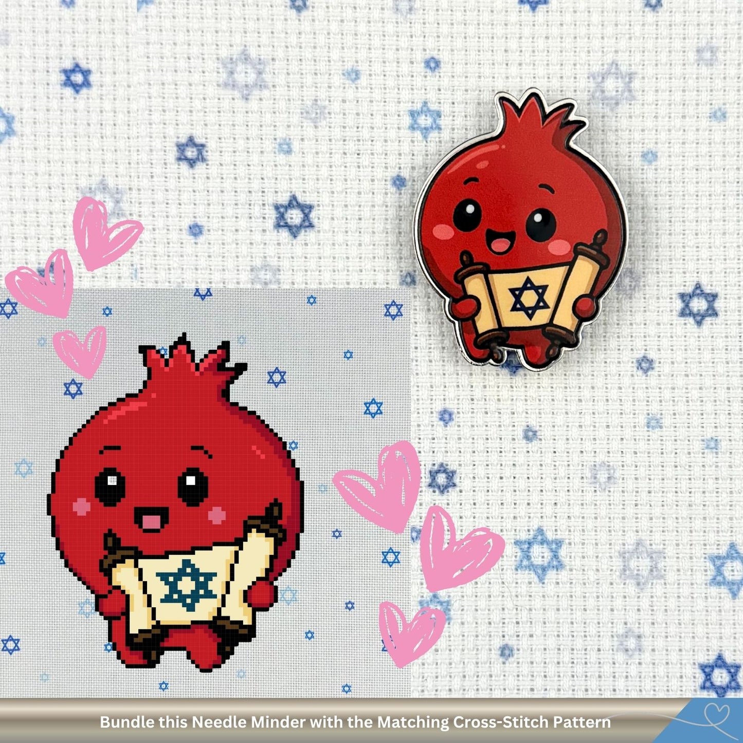 Red pomegranate character cross-stitch pattern and matching needle minder on a grid background.