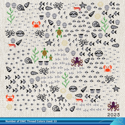 Cross-stitch pattern with sea-themed characters and elements on a white Aida background.