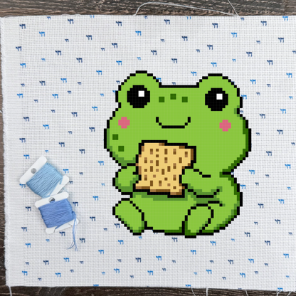 Moishe the Matzah Munching Frog – Digital Cross Stitch Pattern for Passover Fun
