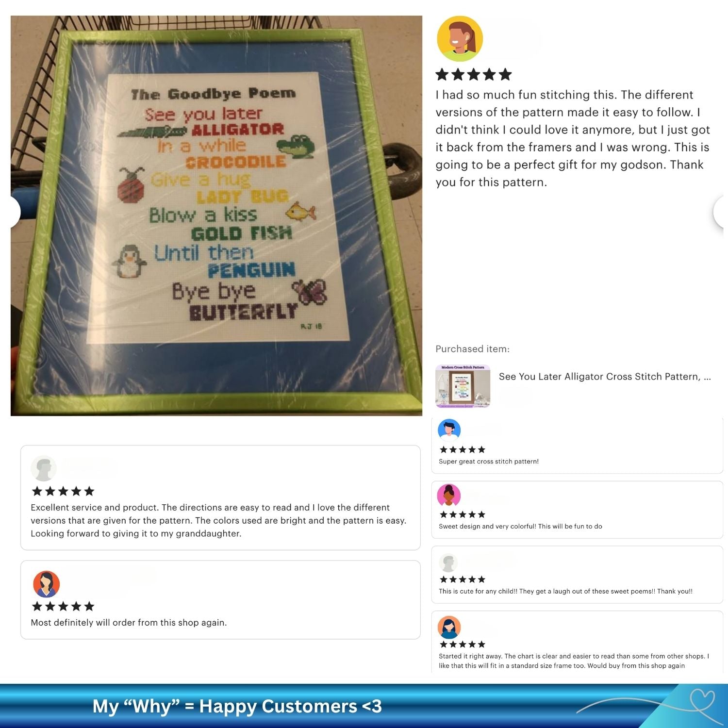 Cross stitch pattern with colorful text and illustrations, framed and displayed on a website page with customer reviews.
