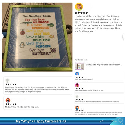 Cross stitch pattern with colorful text and illustrations, framed and displayed on a website page with customer reviews.
