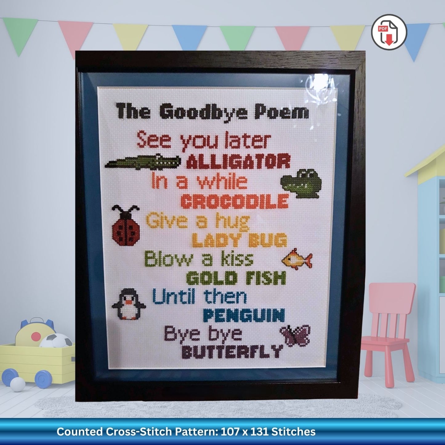Framed cross-stitch pattern with "see you later alligator" poem text and illustrations on a light blue background