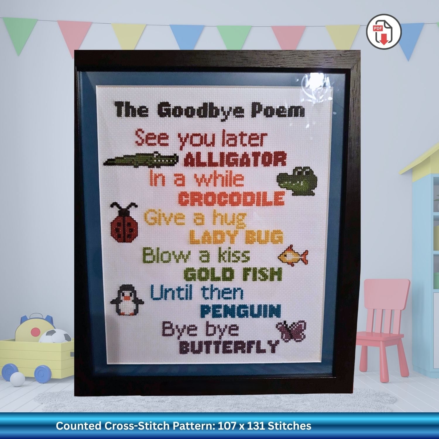 Framed cross-stitch pattern with "see you later alligator" poem text and illustrations on a light blue background