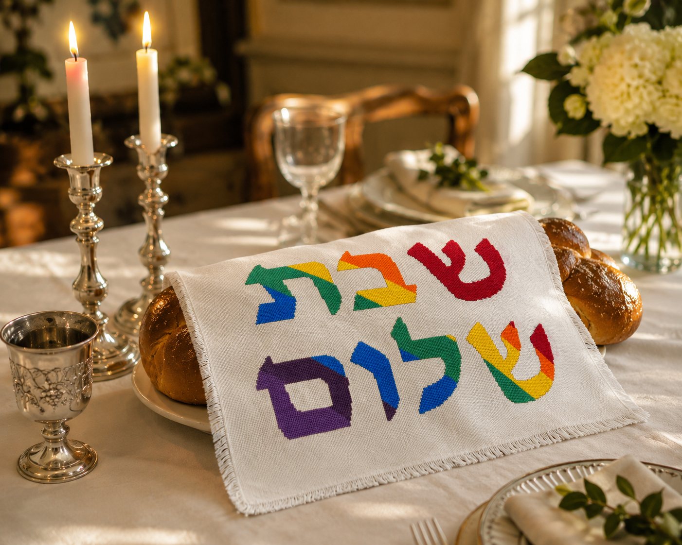 Image of a hand-embroidered challah cover on a Shabbat table