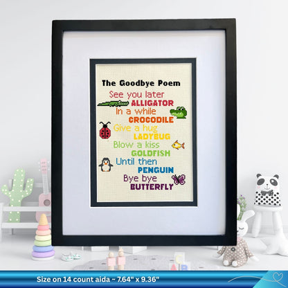 Cross-stitched children's poem with cartoon characters on a white background