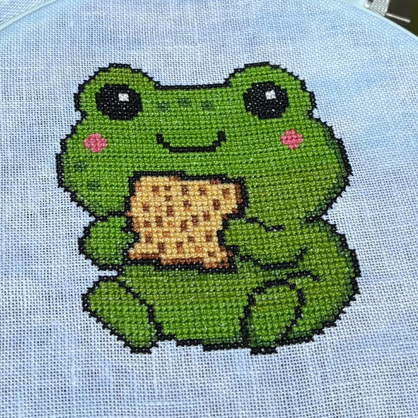 Cross-stitched frog holding a Matzos cracker on light blue fabric.