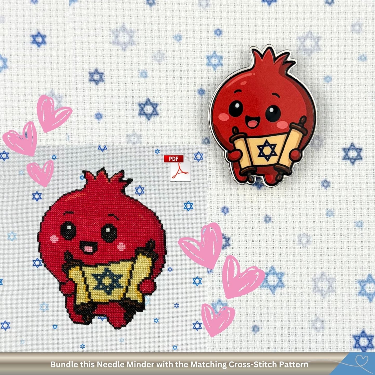Red pomegranate character cross-stitch pattern and matching needle minder on a Star of David fabric background.