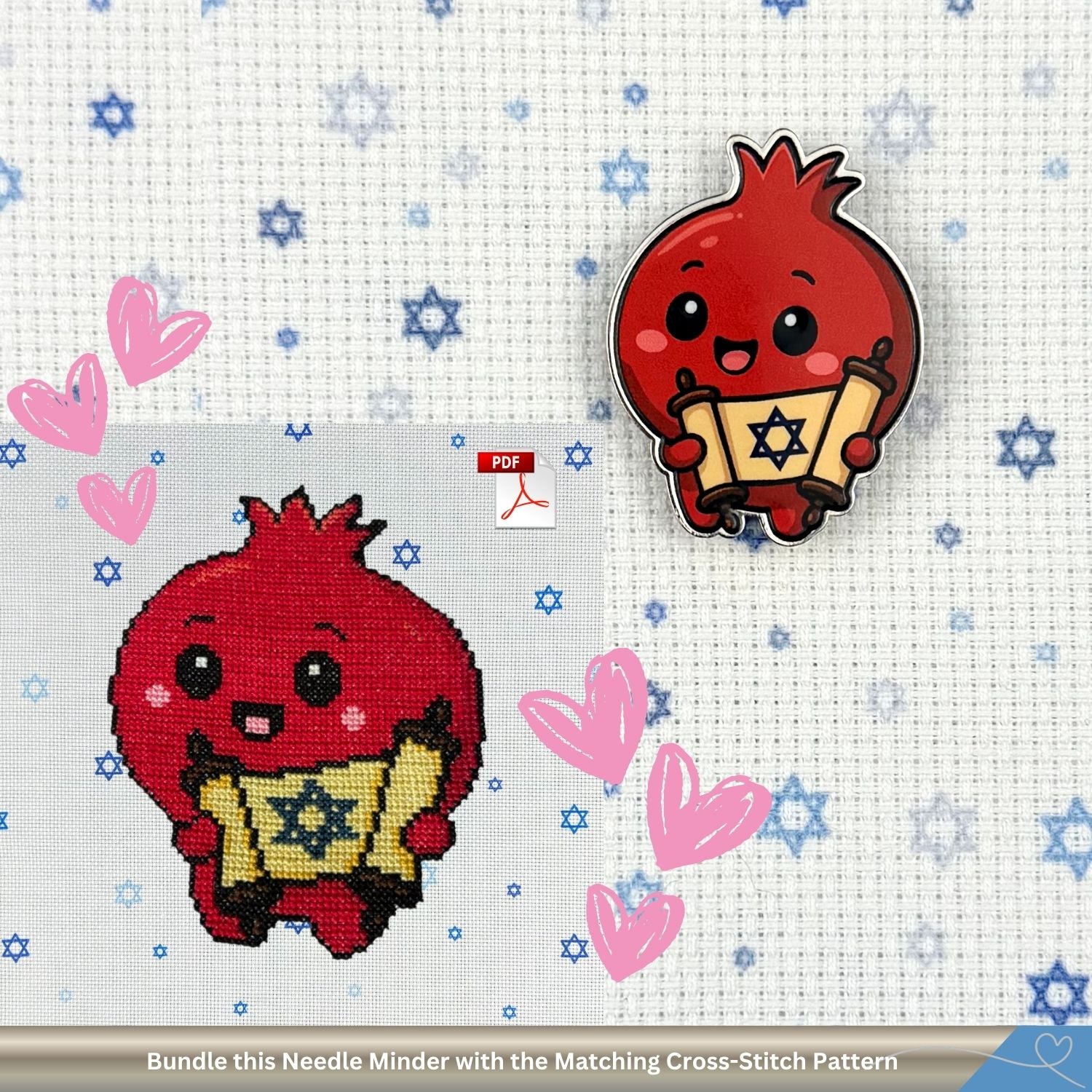 Red pomegranate character cross-stitch pattern and matching needle minder on a Star of David fabric background.