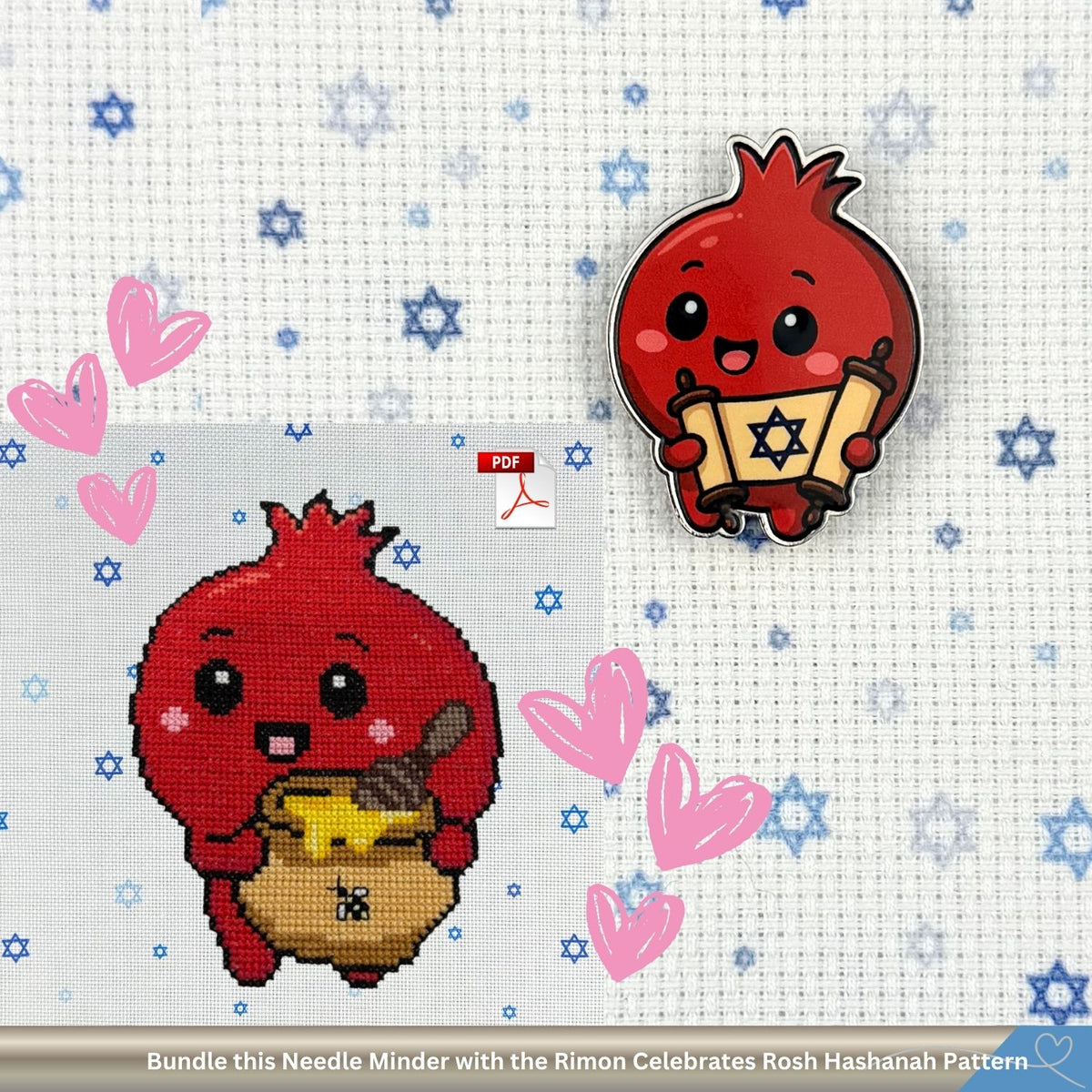A product listing graphic showing a red pomegranate character cross-stitch design in two forms: a magnetic needle minder on the right and a matching cross-stitch pattern preview on the left. The background is a white cross-stitch canvas with blue star of david motifs, accented with pink hearts and a text banner at the bottom reading 'Bundle this Needle Minder with the Matching Cross-Stitch Pattern'.