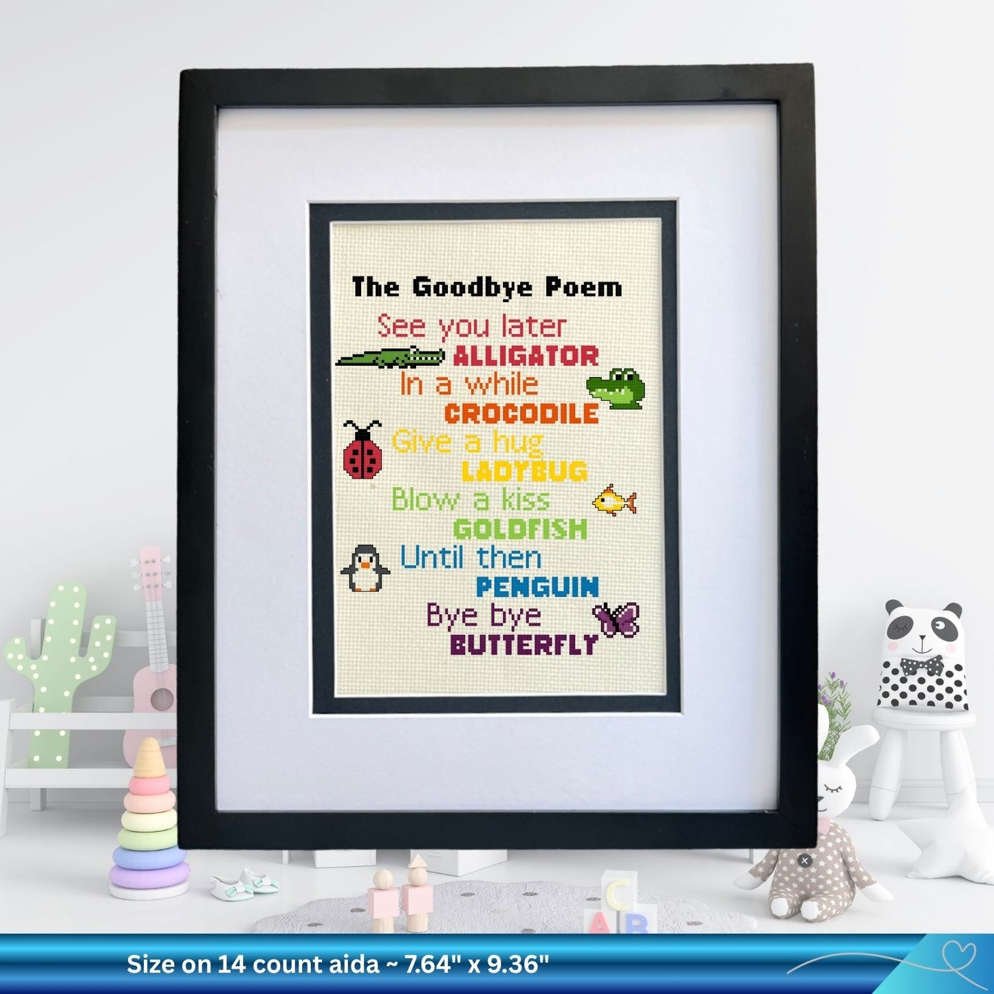 Framed "in a while crocodile" children's poem with colorful text and illustrations in a nursery room setting