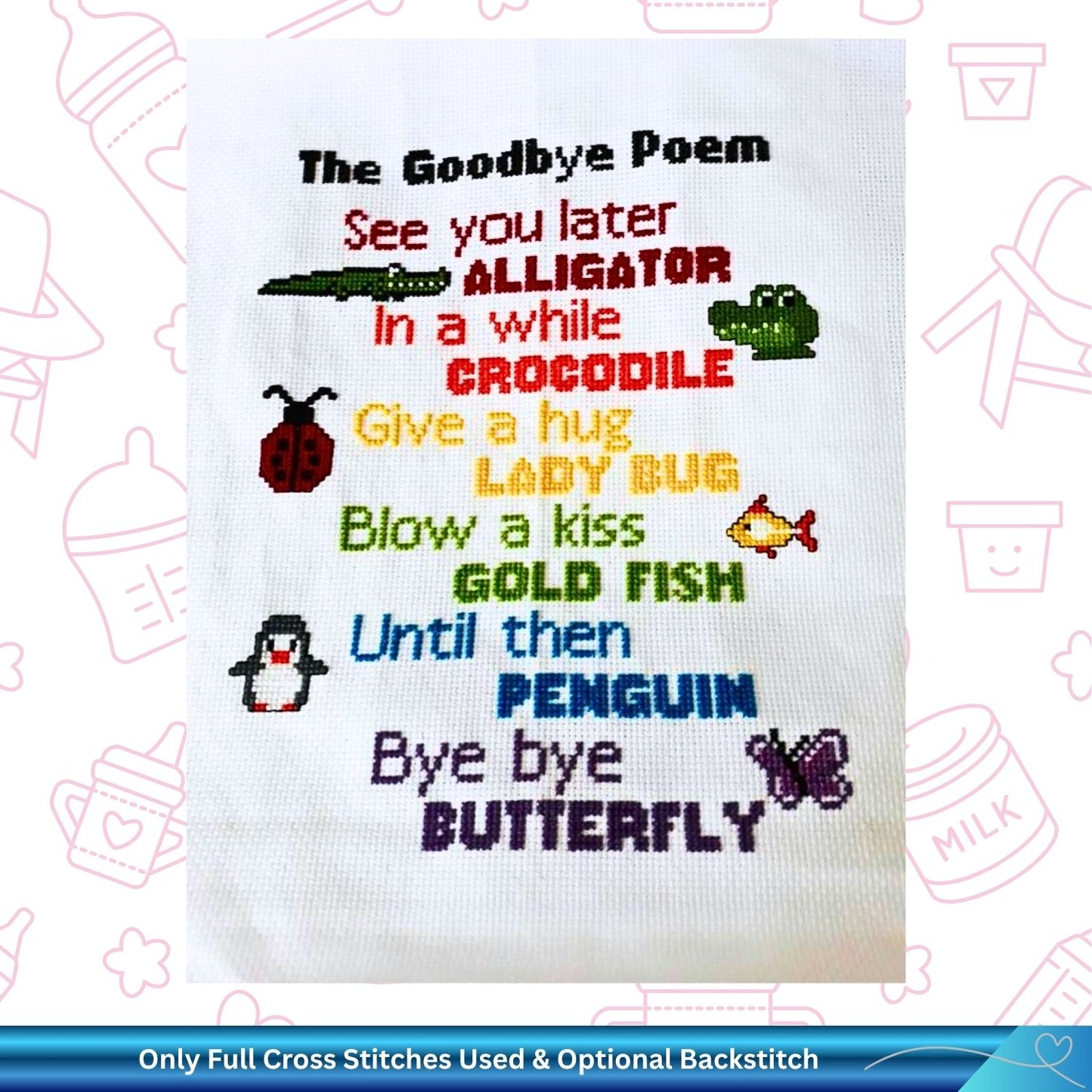 Finished children's cross-stitch pattern with text and illustrations in a room setting.
