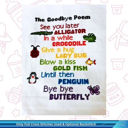 Finished children's cross-stitch pattern with text and illustrations in a room setting.