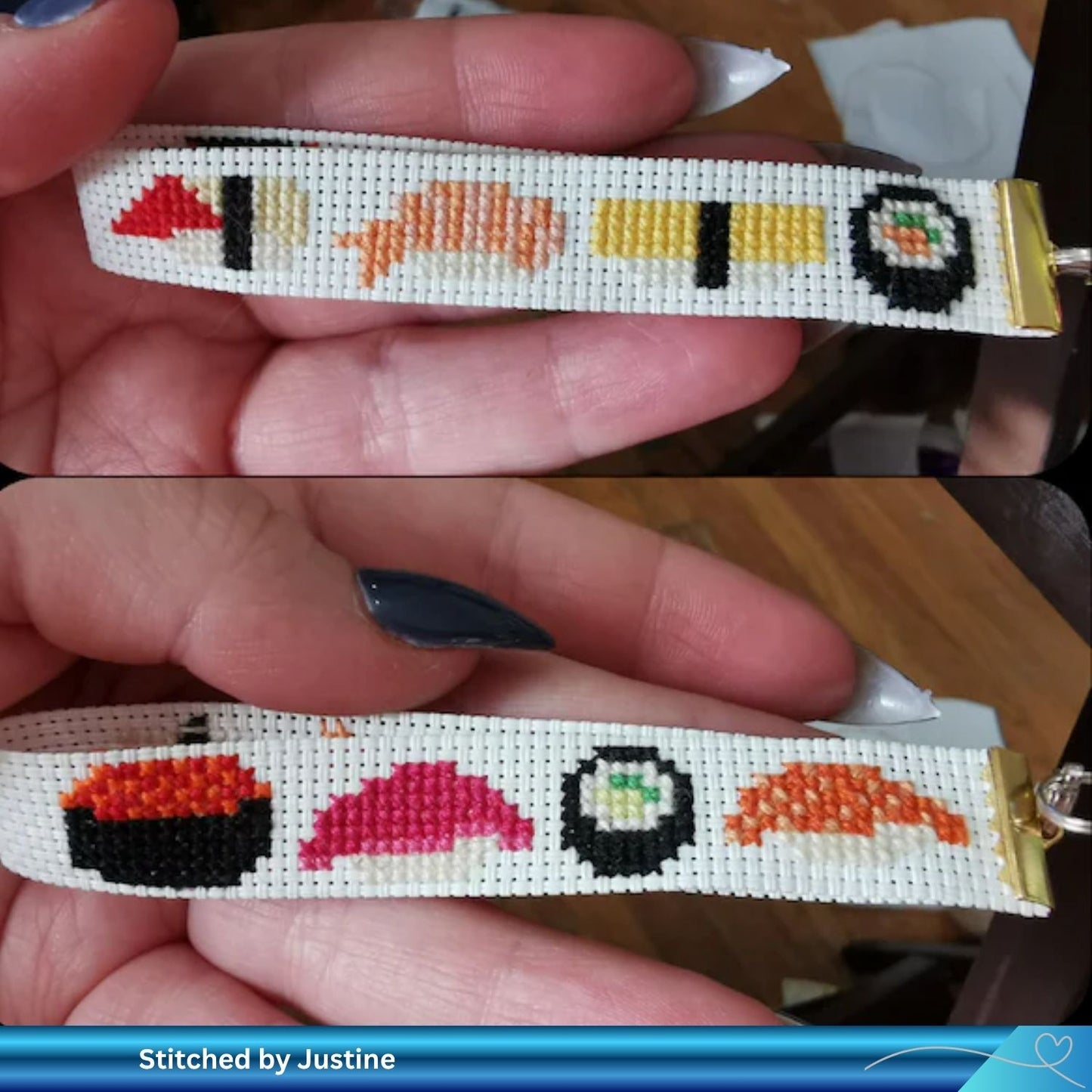 Hands holding strips of fabric with the cross stitch sushi design fashioned into key rings