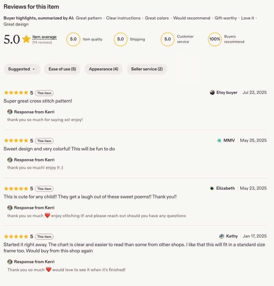 Product reviews with ratings and responses on a white background