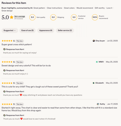 Product reviews with ratings and responses on a white background