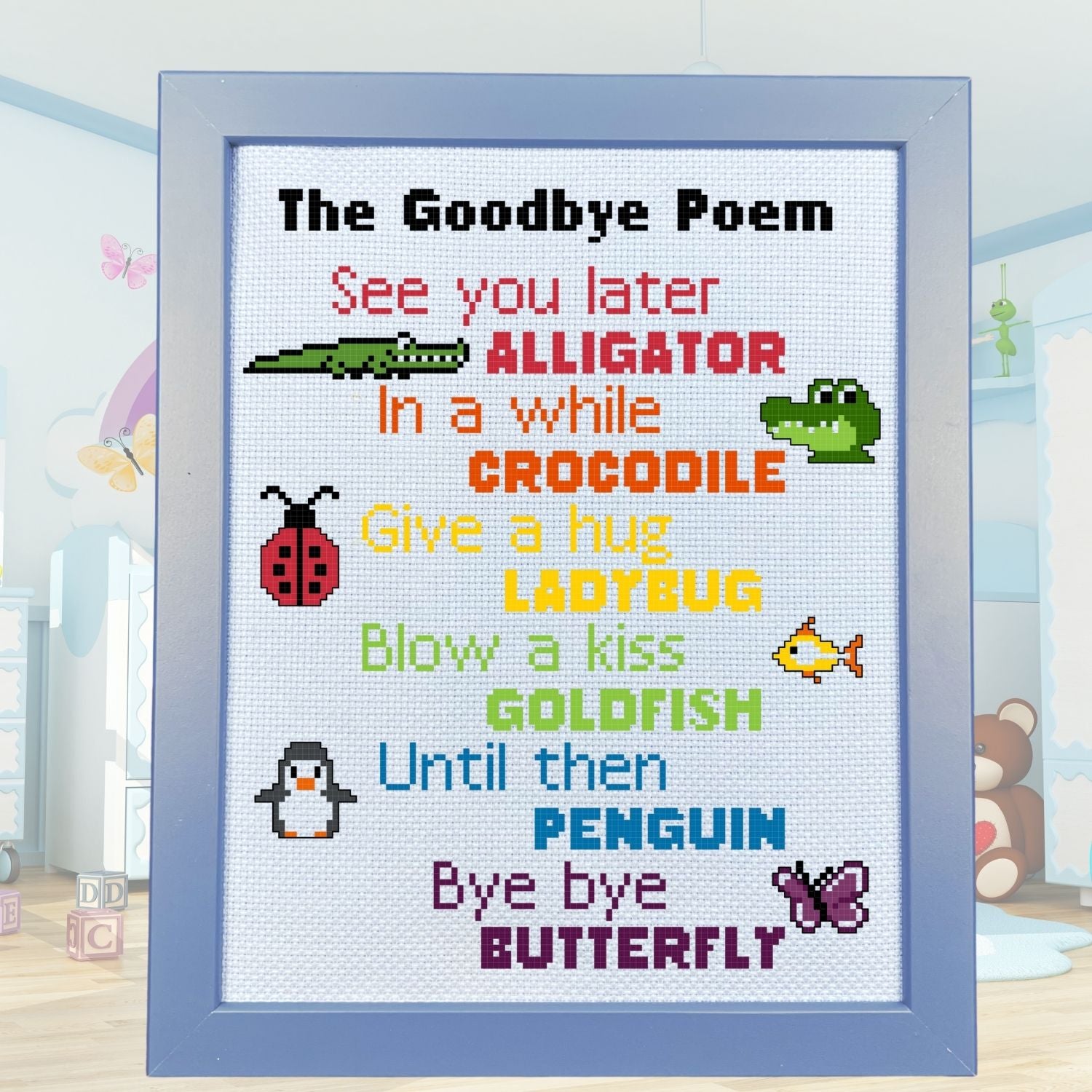Framed children's poem with famous "see you later alligator in a while crocodile" cross-stitch chart